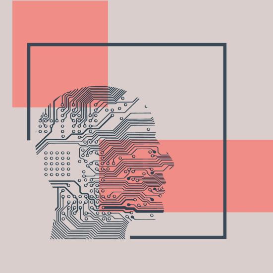 Grafisk illustration af en menneskeprofil med printplade-mønster på en baggrund af farvede felter.