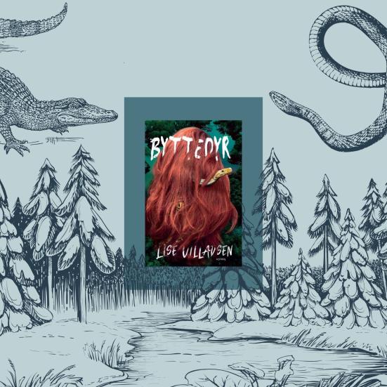 Forsidebillede fra "Byttedyr" af Lise Villadsen samt illustrationer af en skov, en alligator og en slange.