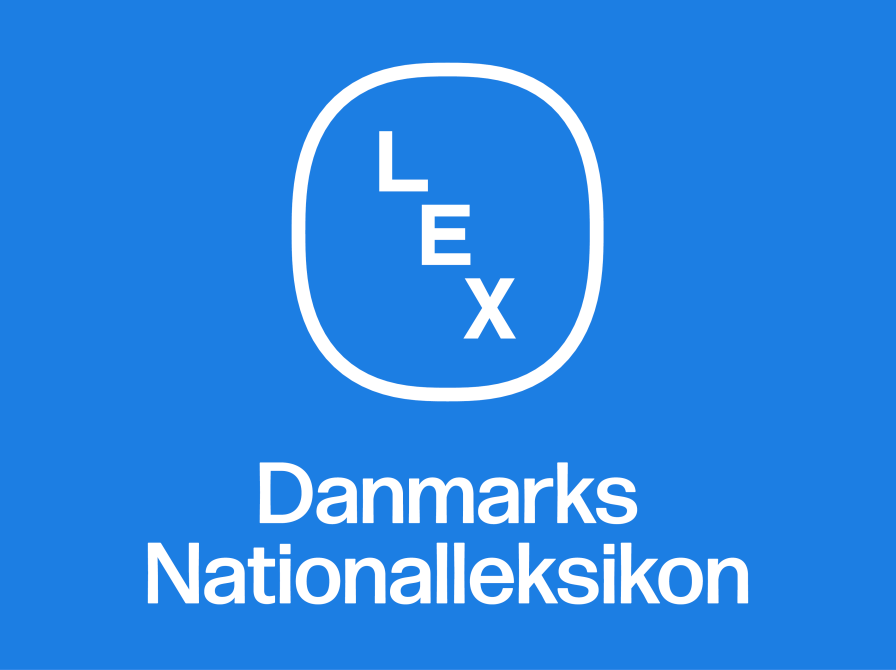 Lex - Danmarks Nationalleksikons logo på blå baggrund. 